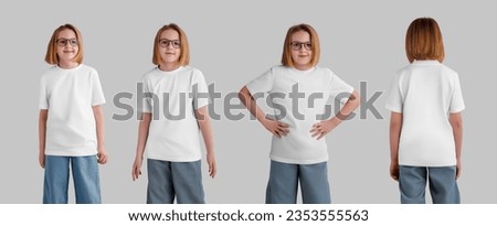 Mockup of a white kid's t-shirt on a smiling girl in jeans, glasses, cotton apparel for design, print, brand. Set. Template of a fashion shirt for a child, front, back view, isolated on the background