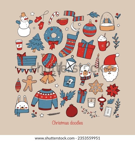 Christmas clip art, cartoon elements collection, doodle set for stickers, prints, cards, posters, signs, etc. EPS 10