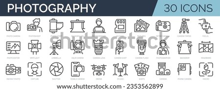 Set of 30 outline icons related to photography. Linear icon collection. Editable stroke. Vector illustration Royalty-Free Stock Photo #2353562899