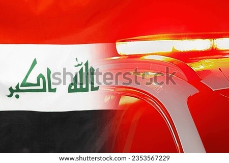 Close-up of the red lights on top of Iraq police vehicle on flag of Iraq background. The concept of crime and law in the Iraq