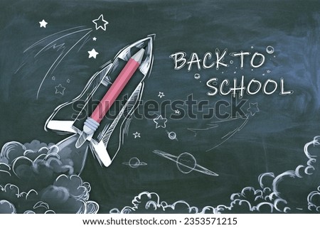 Creative back to school sketch with pencils and rocket on chalkboard wall backdrop. Education and knowledge concept