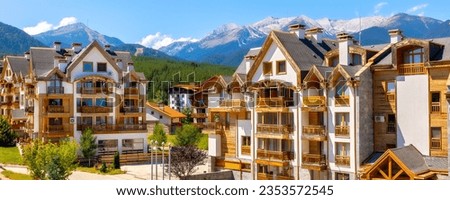 Bansko, Bulgaria summer view with houses and Pirin peaks banner panorama Royalty-Free Stock Photo #2353572545