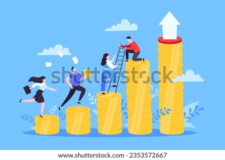 Business mentor helps improve career and money stacks growing. He holds stairs steps vector illustration. Mentorship, upskills, climb help self development strategy flat style design business concept.