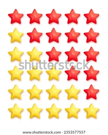 3D rate stars set vector illustration. Plastic cute rating 5 buttons of customer feedback and animation of ranking evaluation, red and yellow review stars to evaluate quality of product or service