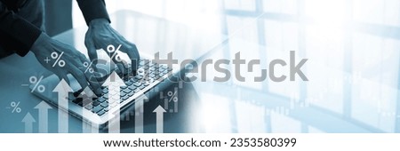 Businessmen using laptops with rising arrows and percentage icons. Planning and strategy, Stock market, Business growth, progress or success concept, Business growing virtual hologram stock