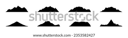 Mountain icon with snowy range silhouette. Alps, hill, black rock and white landscape, icy mount. Flat vector illustrations isolated in background. Royalty-Free Stock Photo #2353582427