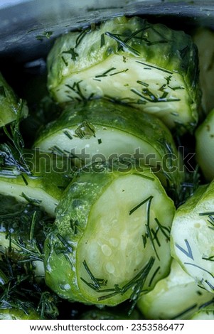 sliced dill pickles for hamburger top view. .Marinated  cucumbers with herbs and spices.