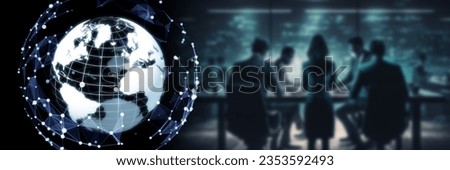 Futuristic office and global communication network concept. Wide angle visual for banners or advertisements.