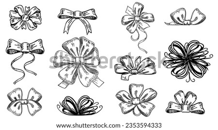 Hand drawn bow. Decoration bows on boxes with gifts. Fashion tie bows accessories sketch doodles tied ribbons. Vintage isolated vector set. 