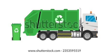 Garbage truck with frontal loader. Collection and transportation of solid household and commercial waste Green garbage truck. Vector flat illustration Royalty-Free Stock Photo #2353595519