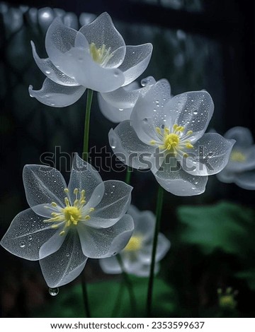 The skeleton flower (Diphylleia grayi) is a unique and intriguing plant known for its translucent petals that turn transparent when they come into contact with water. Native to certain regions of Asia Royalty-Free Stock Photo #2353599637