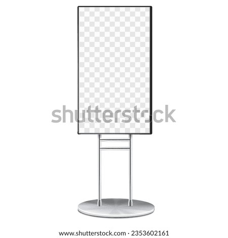 Digital video banner with transparent screen vector mock-up. Vertical placed promotional LCD display stand realistic mockup. Monitor on metal frame base. Template for design