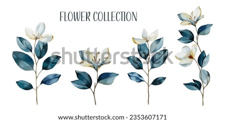 Collection of watercolour flowers isolated on white background. Vector flowers set for wedding decor, wall decor, flower shop logo, decorative botanical element Royalty-Free Stock Photo #2353607171