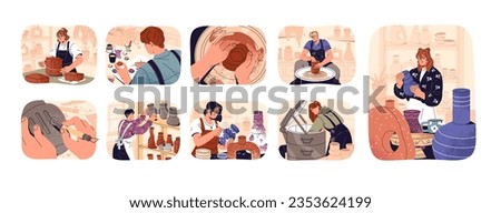 Handcraft workshop set. People create ceramic vase, making clayware. Ceramist work with clay, pottery wheel. Creative hobby, handmade product flat isolated vector illustration on white background Royalty-Free Stock Photo #2353624199