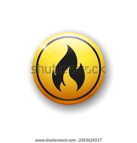 Realistic glossy button with flammable icon. 3d vector element of yellow color with shadow underneath. Royalty-Free Stock Photo #2353626517