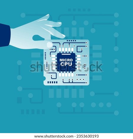 Computer chip in hand. Vector illustration flat design. Isolated on white background. CPU computer close up. Hands repairman in gloves hold processor microchip. Service Center Electronics. Royalty-Free Stock Photo #2353630193