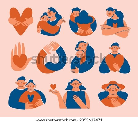 National hugging day. Big set of simple modern clip arts with cute persons, people, friends, mother and child, lovers, co-workers. Togetherness, friendship, motherhood, love concept. Hugs, embrace.