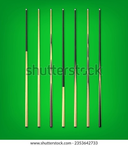 Billiard cues on green background. Snooker sports equipment. Vintage pool cue. Vector illustration