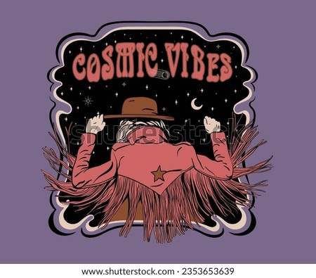 cowgirl in jacket vector illustration, cosmic vibes typography, cowgirl in night artwork, night galaxy design for t shirt, sticker, poster