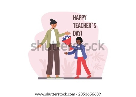 Happy Teachers day concept with people scene in the flat cartoon design. The little student rushes to the teacher with a bouquet to congratulate her on her professional holiday. Vector illustration.