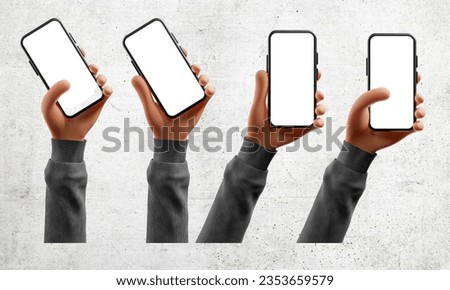 Cartoon hands set uses smartphone with blank screen - white background and screen - 3d illustration