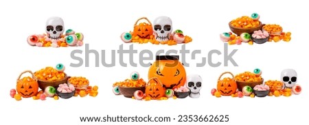 Candy corn, pumpkin sweets, sugar skull, jelly eyes isolated on white background. Halloween holiday concept. Sweet treats. Collage. Design.Halloween Jack o Lantern pail overflowing with candy.
