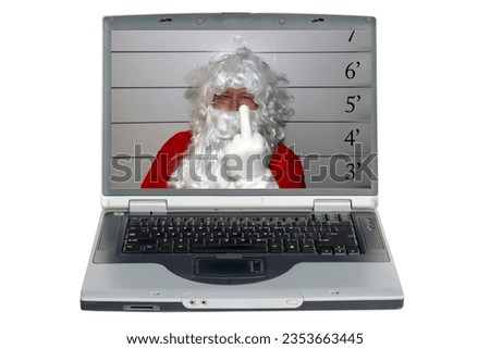 Santa Claus. Santa Claus is under arrest and having his picture taken. Saint Nick DUI. Santa Claus Mugshot. Santa holds a blank white booking sign while his mugshot is taken. Laptop Computer. Holiday