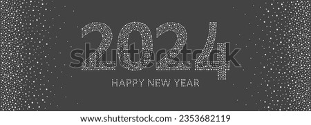 Happy New Year 2024 greeting card, banner. Snow typographic composition, dotted winter borders. Big numbers, letters, characters made of hand drawn uneven dots, spots, dot snowflakes, beads, blobs.
