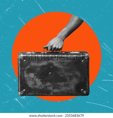 Travel, trip. Hands holding suitcase, in orange circle. Concept of human relations, community, unity, symbolism, surrealism. Contemporary art collage and modern design
