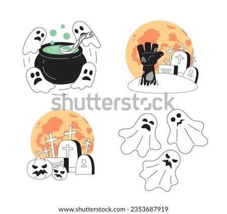 Graveyard Halloween party monochrome concept vector spot illustration set. Spooky ghosts, tombstones 2D flat bw cartoon scenes for web UI design. Helloween isolated editable hand drawn hero image pack