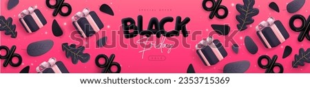 Black friday big sale poster with 3D black plastic letters, autumn leaves and gift box on pink background. Vector illustration