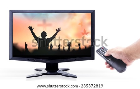 Human hands holding remote videos and television media display silhouette christian raising hands for worship God isolated on white background