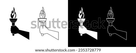 A hand with a burning torch on a white and black background.