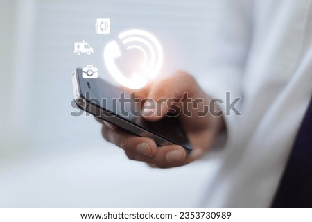 Hand touch Emergency app icons on call phone