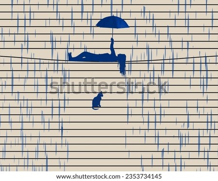 A girl lies under her umbrella in the rain while keeping her pet cat dry from the storm in this illustration image.