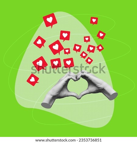 Antique statue's hands showing heart shape with plenty of like symbols from social media on light green color background. 3d trendy collage in magazine style. Contemporary art. Modern creative design