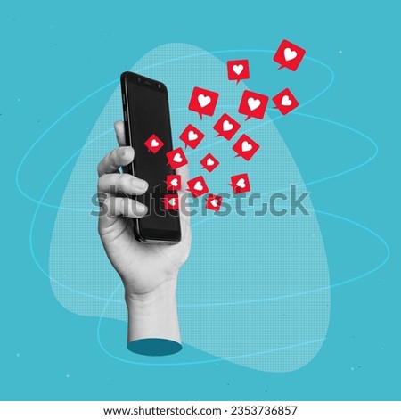 Mobile phone with black blank screen with like symbols from social media in female statue's hand on blue color background. 3d trendy creative collage in magazine style. Contemporary art. Modern design
