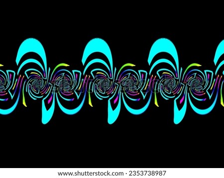 A hand drawing pattern made of yellow pink turquoise and blue on a black background