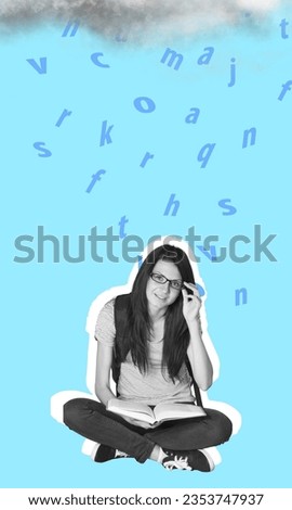 Photo collage of intelligent girl reading encyclopedia