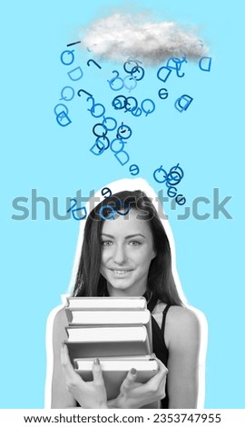 Photo collage of intelligent girl reading encyclopedia