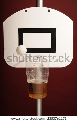 beer advertisement, photo studio picture playing beer pong beerpong, like a basketball player with a can, advertisement for beer products.