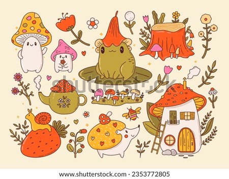 Vector set of cute vintage cottagecore animals, mushrooms, flowers stickers. Fairy frog, amanita house, snail, hedgehog cartoon illustrations. Magic forest elements. Green witch, goblincore aesthetic Royalty-Free Stock Photo #2353772805