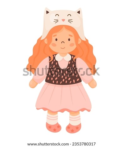 Children toy doll. Cute curly girl with long red hair in funny cat hat in pink dress. Vector illustration in cartoon style. kids collection Royalty-Free Stock Photo #2353780317