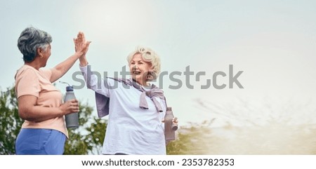 Senior women, walking and high five for motivation and workout success from outdoor fitness. Banner, elderly friends and happy from sport and exercise together with support smile and mockup space