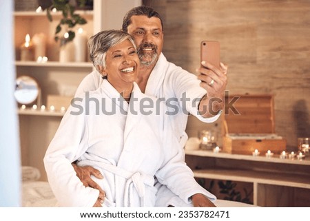 Selfie, smile and love with old couple in spa for anniversary, celebration and social media. Relax, massage and profile picture with senior man and woman in villa for luxury, vacation and peace