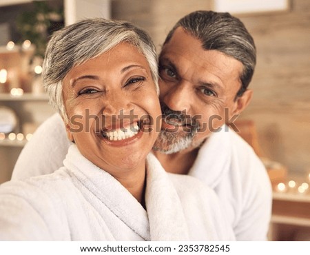 Selfie, portrait and love with old couple in spa for anniversary, celebration and social media. Relax, massage and profile picture with senior man and woman in villa for luxury, vacation and peace