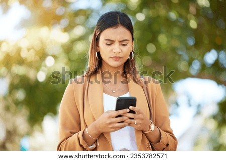 Phone, text and confused woman in a city street frustrated by 404, glitch or phishing scam outdoor. smartphone, app and lady with wtf face for taxi request, quote or chauffeur service travel delay