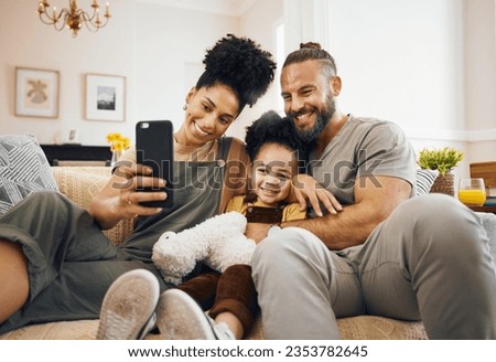 Interracial parents, child and selfie on sofa, smile and hug for love, bonding and memory on web blog. Mom, dad and kid for photography, profile picture and happy for social media app in family house
