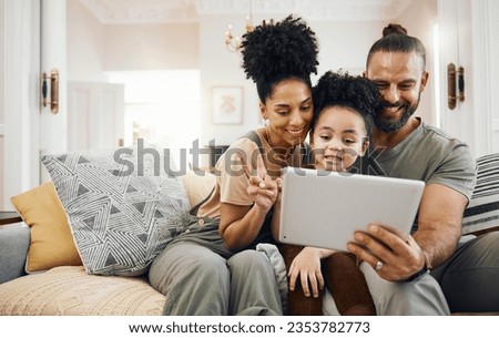 Selfie, family and parents with a tablet, boy and connection with games, cartoon and streaming movies. Home, mother or father on a couch, child or kid with technology, relax or social media for fun