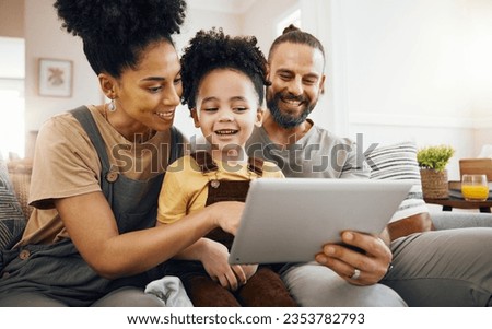 Family, tablet and parents with child relax on couch, bonding and happy streaming together at home. Smile, love and care with tech, gaming or movies with e learning and man with woman and son